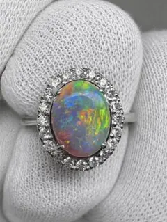 天然ブラックオパール 2.62ct 鮮やかグリーン遊色 ダイヤモンドリング 