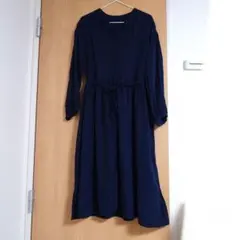 ネイビー 長袖 マタニティ ロングワンピース ウエストリボンのサムネイル