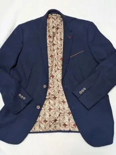 M〜L　紺ブレ　テーラードジャケット 裏地 総柄 ウール 金ボタン