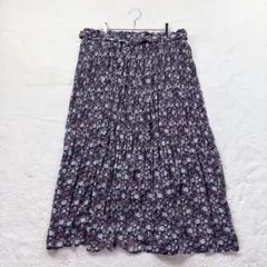 花柄ロングスカート【3L】紺 春夏 軽い生地感 フレア ウエストゴム ベルト付