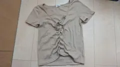 リボン付きフロントボタン 半袖トップス M ベージュ