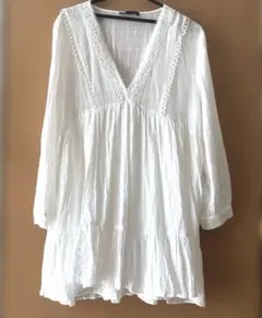 ZARA綿100% ホワイト 刺繍 チュニック ブラウス Lサイズのサムネイル