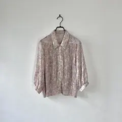 古着 日本製 花柄シアーシャツ プリーツ 7分袖 ピンク レトロ M セレモニー