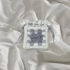 【 現品限り 】 編み物 かぎ針編み アフガン編み パープル 白 巾着 チェック