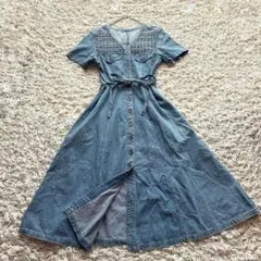 デニムワンピース ウエストリボン ロング ラインストーン Aライン コットン