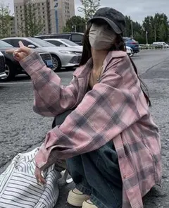 ！タイムセール！【新品】ピンクとグレーのチェック柄長袖シャツ Mサイズ