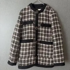 H&M 千鳥格子 ノーカラージャケット ブラック×ホワイト XXS　金ボタン
