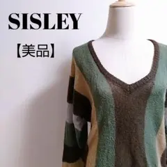 美品♡シスレー Vネックセーター 渋めストライプニット モヘア使用 洗える S