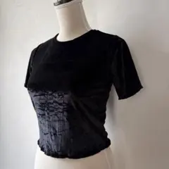 ビンテージ トルコ製 クロップドベロアトップス S メロウ 短丈 黒 オシャレのサムネイル