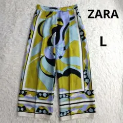 ZARA　スカーフ柄ワイドパンツ　サラサラ　とろみ　楽ちん　Lサイズ　総柄