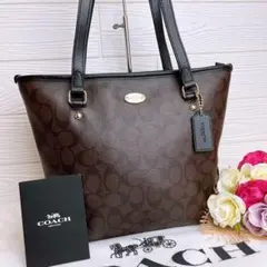 極美品☆COACHコーチ トートバッグ レザー ブラウン シグネチャー大容量