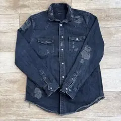 ZARA ダメージ加工 デニムシャツ(厚手) ダークブルー