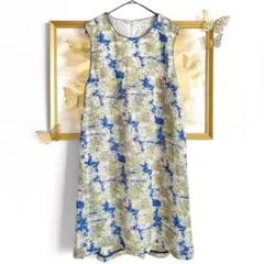 美品 ブージュルード ミディ丈ワンピース 花柄 モザイク ホワイト 白 青 黄色