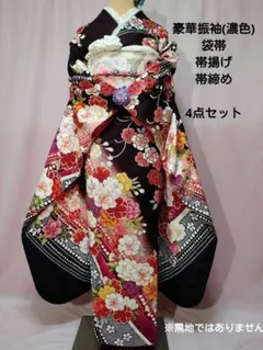 高級化繊振袖(黒　椿)　袋帯　帯揚げ(新品)　帯締め　セット 黒地 椿 シンプル 振袖【140】 – SAKURA TOKYO