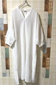 Linoluce 軽量加工 ホワイト Vネック シャツワンピース L