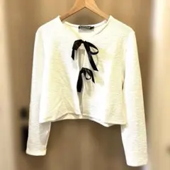 【カーディガン】リボン　Lサイズ　ホワイト　エレガント　秋冬　タグ付き
