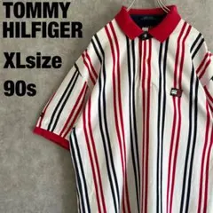 90s トミーヒルフィガー 半袖 ポロシャツ マルチストライプ 白 赤 紺 XL