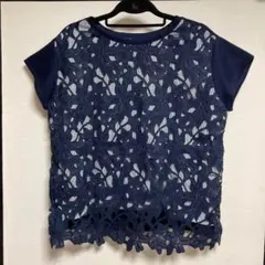 ネイビー 花柄レース 半袖トップス