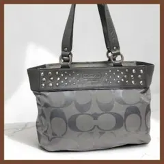 COACH ハンドバッグ シグネチャー レザー キャンバス グレー スタッズ