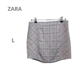 【ザラ ZARA】グレンチェック カーブヘム ミニスカート タイト L グレー