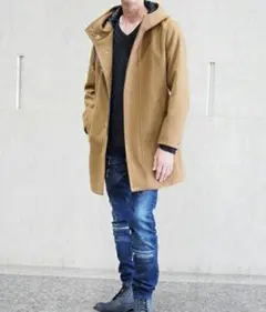 ブラウン ステンカラーコート フード付き