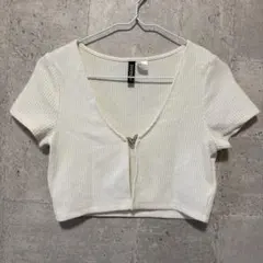 H&M DIVIDED リブ クロップドTシャツ ホワイト S 短丈 バタフライのサムネイル