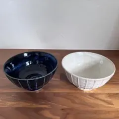 紺　白　ストライプ　陶器丼　2個セット　ラーメン鉢