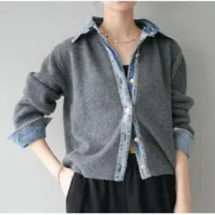 【ラスト1着】デニム襟 カーディガン ボタンニット チャコール グレー