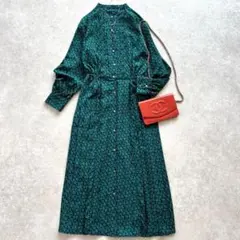 美品 シップス 花柄 バンドカラー サイドプリーツ ワンピース 洗える グリーン