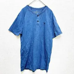 アメリカンイーグル【XS】Tシャツ ブルー ボタン ロゴあり Uネック