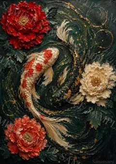 Twin Koi｜和モダン テクスチャーアート風ポスター A4