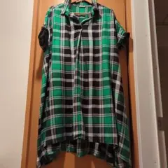 緑と黒のチェック柄 半袖チュニックワンピース　LLサイズ