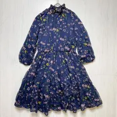 ブランシェス ワンピース ハイネック パフスリーブ 花柄 120 紺 上品