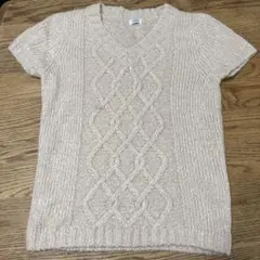 LIBRA ベージュ Vネックニット M ケーブルニット　半袖 古着