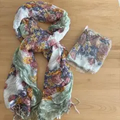 【新品未使用】グリーン　花柄大判ストール フリンジ付き