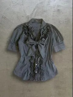 CECILMcBee フリルボウタイ ストライプ ブラウスシャツ ネイビー