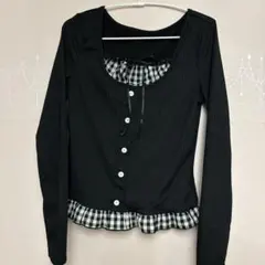 古着風 フリルリブトップス ギンガムチェック ヴィンテージライク