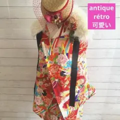 5993◆アンティーク長襦袢赤に牡丹菊鶴扇青海波毱レトロ可愛い可憐チャーミング