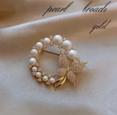 ゴールド　バタフライ　パール　ブローチ　入学式　卒業式　上品　コサージュ