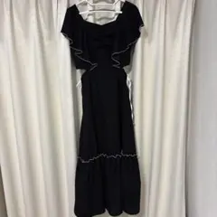 rienda ロングワンピース フリル袖 ロゴテープ ブラックM きれいめ 
