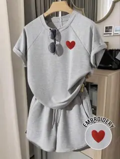 SHEIN ハート刺繍 ラウンジウェア セットアップ グレー Mのサムネイル