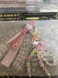 カラフルビーズ リボン付き携帯ストラップ