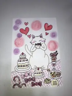 イラスト　ポストカード　原画　猫