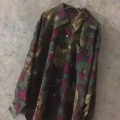 古着シャツ 長袖 水墨画 ペインティング 花 葉 総柄 アート レトロ
