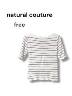 【natural couture】スカラップ ボーダー 5分袖 リブニットピンクのサムネイル