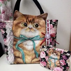 コヤンイサムチョン　ハンドメイド　トートバッグ　リボンの猫　薔薇柄　ポーチ付き