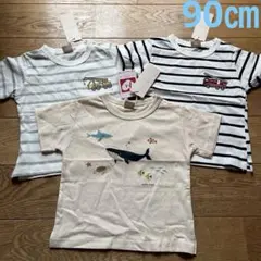 ３点セット　新品　プティマイン　半袖トップス　消防車刺繍　くじら　男　90㎝