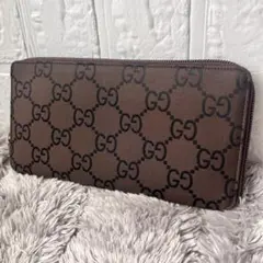 良品✨GUCCI 大きめGG ナイロン　ダークブラウン　ラウンドファスナー　財布