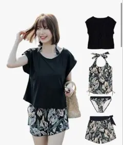 水着　タンキニ4点セット　ブラックホワイトボタニカル　XL（13号）