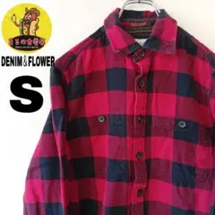 USA古着 DENIM＆FLOWER　ネルシャツS　レッドブラック　チェック